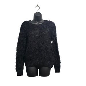 Apt 9 Womens Black Metallic Gold Eyelash Knit Fuzzy Sweater Size M
